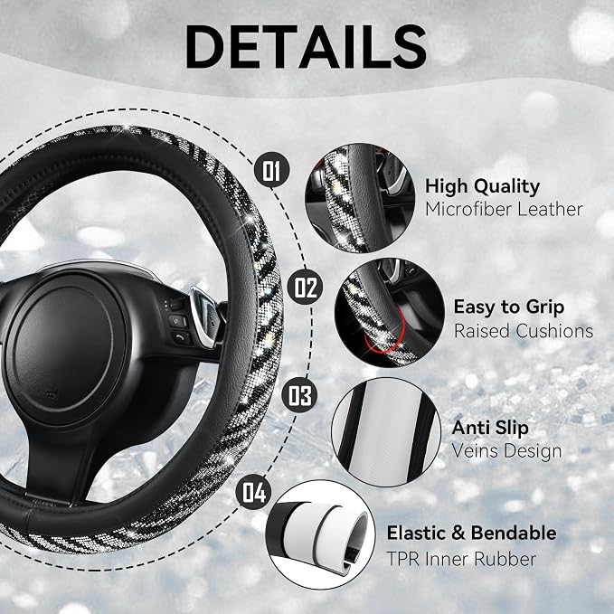 Bling Diamond Leather Steering Wheel Cover, with Bling Sparkly Crystal Glitter Rhinestone Universal Fit 14" 1/2-15" Car Wheel Protector Fit for Women Girl SUV,Vans,Sedans,Trucks, Zebra Print