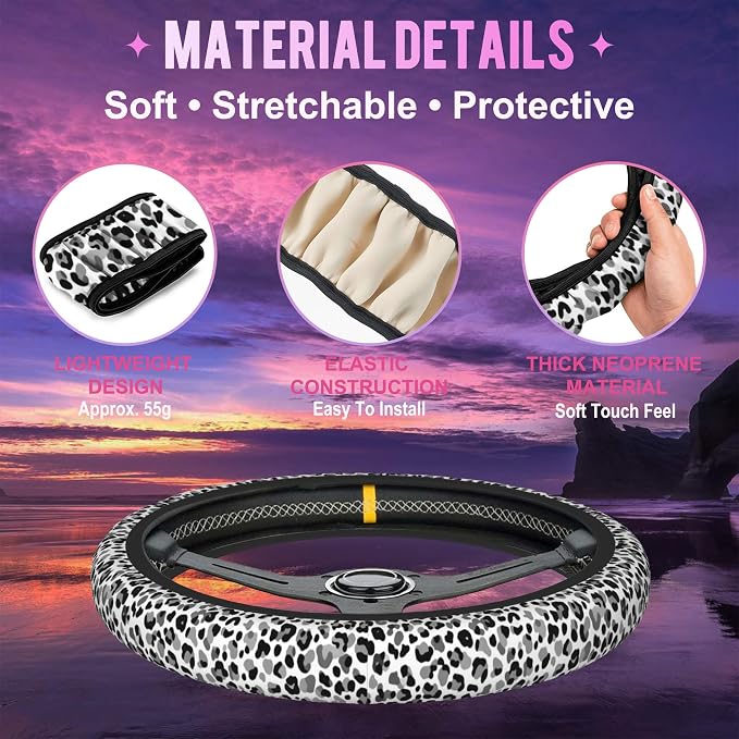 Black and White Leopard Print Steering Wheel Cover for Women Men Neoprene Breathable Wheel Cover Protector Anti-Slip Car Accessories Universal 15 Inch Fit for Cars Trucks Vehicles