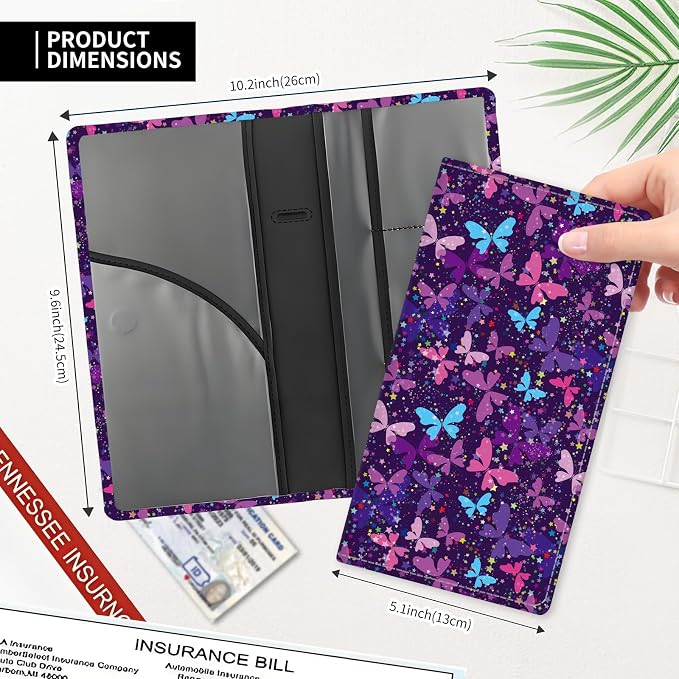 Leather Car Registration and Insurance Card Holder, Cute Car Accessories Vehicle Glove Box Car Organizer for Documents, Cards, License Cute Purple Butterfly