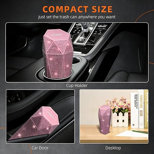 2 PCS Bling Car Trash Can with Lid, Bling Car Accessories Trash Bin, Leakproof Auto Garbage Can with 60 Trash Bags, Multipurpose Organizers and Storage for Home, Office (Pink Diamond)