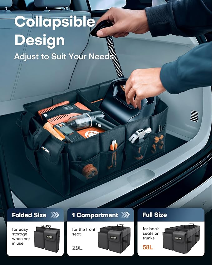 Foldable Trunk Organizer - SUVs & Sedans, Sturdy Car Organization With 2 Compartments, Black, 23.6"×14.2"×10.6"
