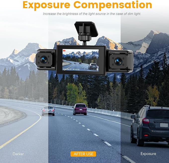 Dash Cam 3 Inch 1080P 4 Channel Dash Camera for Cars with Driving Loop Recording, Exposure Compensation, Motion Detection, Reverse Help, 360 Degree Protection