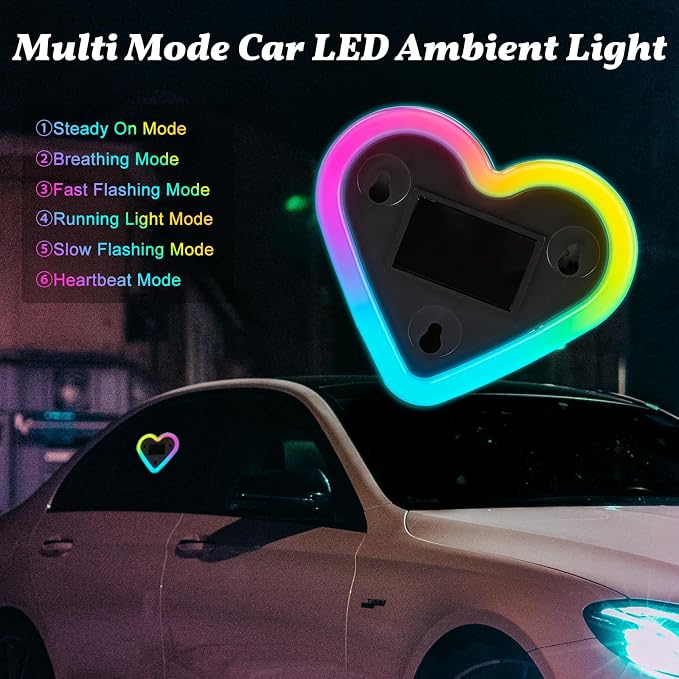 Upgrade Car Light LED Ambient Lights Heart Solar Lights Solar-Powered Heart-Shaped Neon Lights for Car Window Decorative 5 Modes Interior Outdoor Decor (Rainbow-2Pcs)