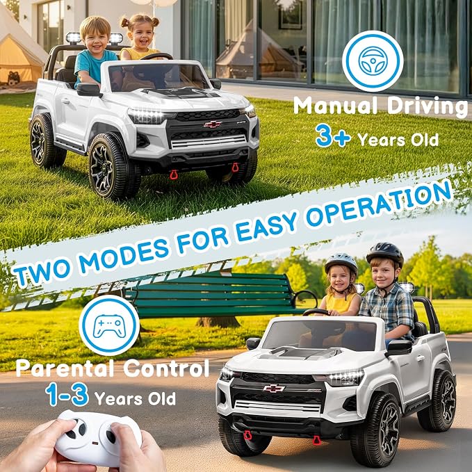 24V Licensed Chevrolet Colorado Electric Car for Kids, Ride on Toys for Toddlers with Remote Control, 2 Seater Electric Car Ride On Vehicle w/Bluetooth, Soft Start, LED Lights - White