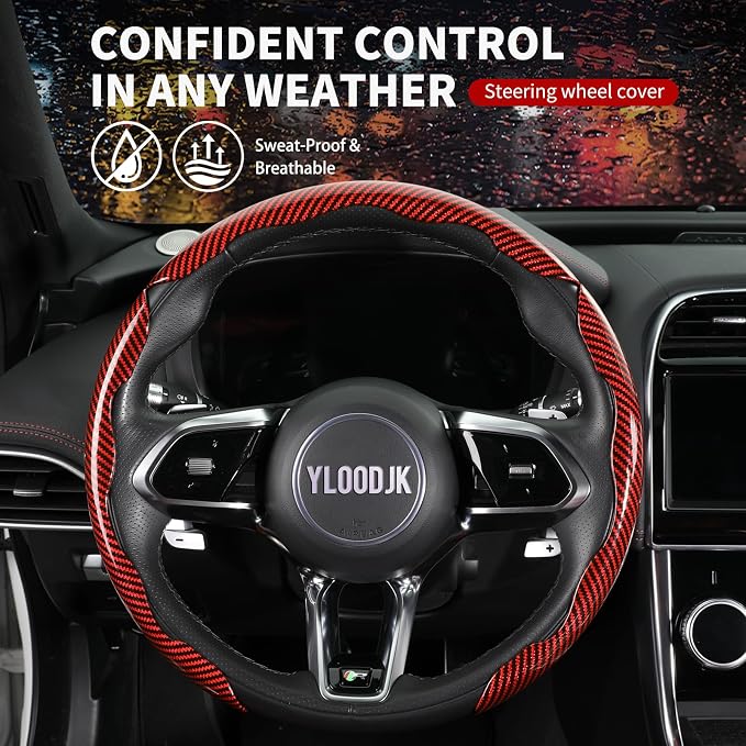 Universal Steering Wheel Cover,Carbon Fiber,3pcs Set(red) | Clip-On Segmented Fit;Carbon Fiber Look;Fits Most 14-16 in Round or D-Shaped Wheels;Easy Wipe Clean;Non Slip;4 Colors
