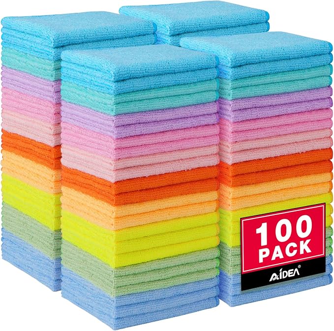 AIDEA Microfiber Cleaning Cloth, 100PK, Cleaning Rags, 11.5"×11.5" | Lint Free Cloth, Microfiber Towels for Cars, Wash Cloths, Dusting Cloth for Home, Window, Cleaning Supplies, Muilticolor
