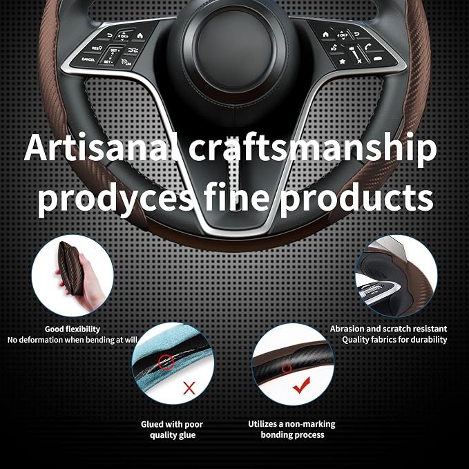 2Pc Carbon Fiber Steering Wheel Cover Universal Fit 99% Cars | Non-slip soft grip, easy to wipe clean, quick to install, perfect for daily commutes and road trips, Brown