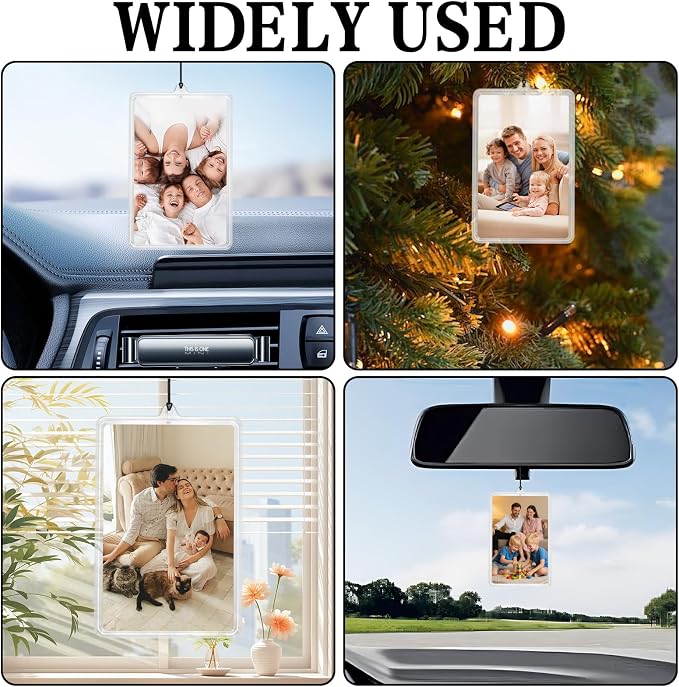 4Pcs Flip-Top Transparent Card Holder Car Hanging Photo Frame with Black Rope, Car Picture Holder Decor, Custom Rear View Mirror Hanging Picture Photo Ornament