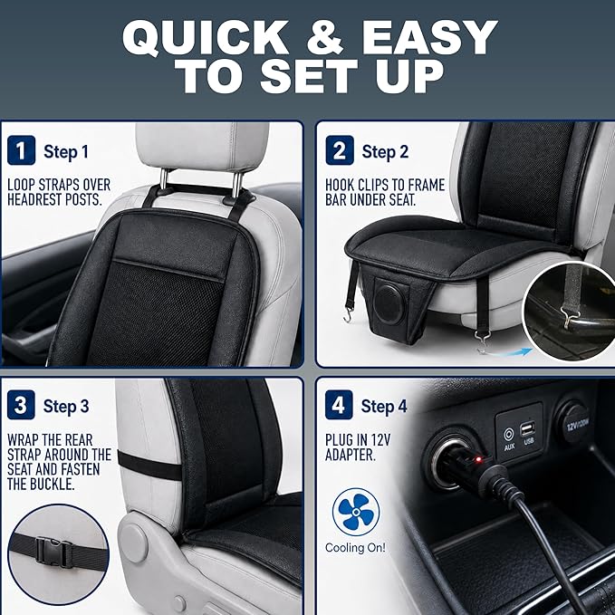 Black Cooling Car Seat Cushion 2-Pack 12V Automotive Adjustable Temperature Comfortable with Improved Air Circulation, Universal Fit for All Vehicles