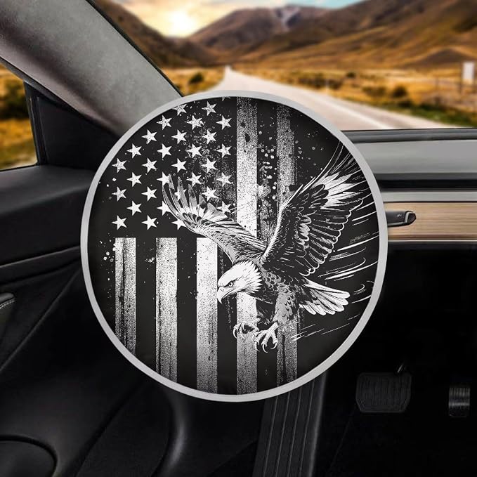Universal Car Steering Wheel Sun Shade Cover,Black White American Eagle Heat-Resist Aluminum Foil Steering Wheel Cover for Most Car Auto Interior Protector