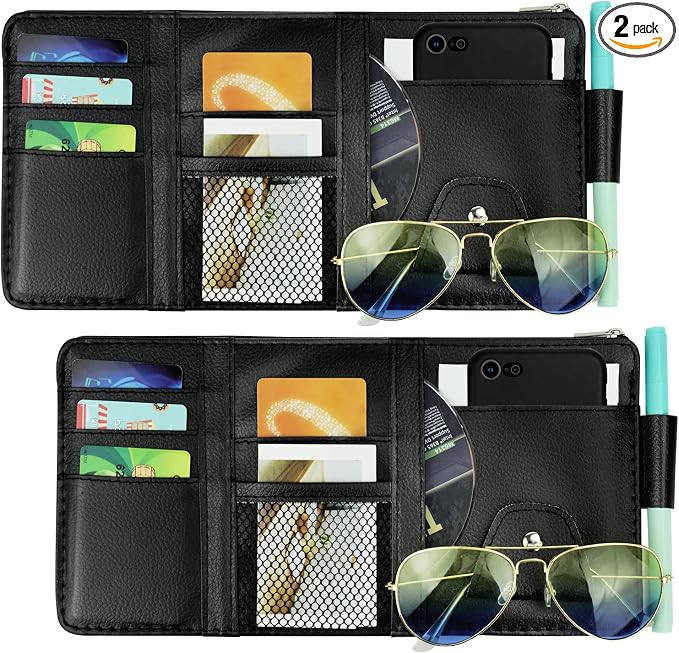 Car Sun Visor Organizer, Leather Pocket Organizer Sunglass Holder for Car Interior Accessories with Multi-Pocket Net Zipper (2 Pack Black)