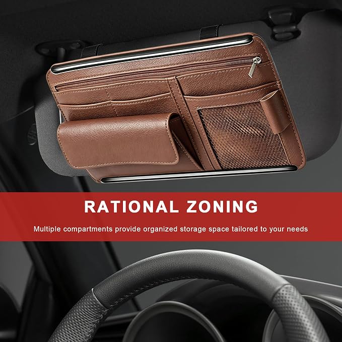 Car Sun Visor Organizer, Scratch-Resistant Auto Visor Glasses Storage Bag with Multi-Pocket Net Zipper, Waterproof Leather Sunshade Organizer Card Holder for Most Vehicles (Brown)
