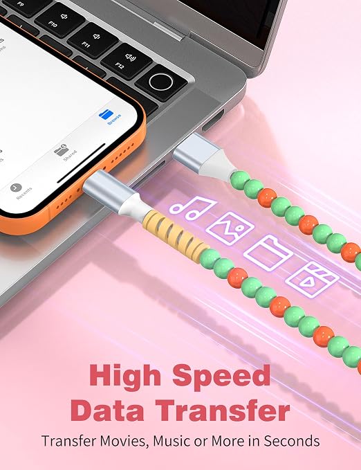 USB A to USB C Cable 6FT,Beaded Charger Cord for iPhone 17 16 Pro Max 17e 15 Car play,Type C Cute Car Charger Cord for iPad 10 11th A16/Samsung S26 S25 S24 S23 FE/Android Phone Girl Women,Green-Orange