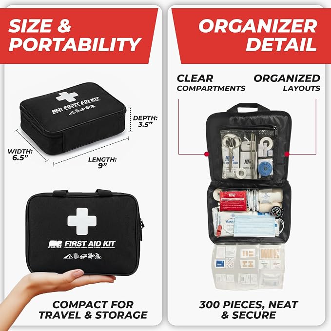 300 Piece Premium First Aid Kit w/Durable Bag for Home, Business | Office, Workplace, Car, Garage, Kitchen, Family, Classroom, Jobsite, Warehouse, School, Vehicle And Emergency Preparedness