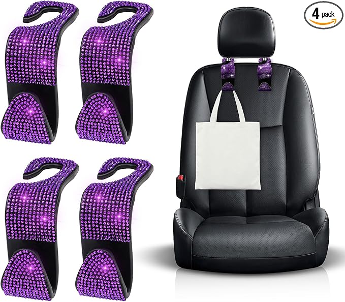 4 PCS Bling Car Seat Headrest Hooks, Crystal Rhinestone Back Seat Hanging Storage Organizer, Vehicle Seat Hanger Holder for Purse Handbag Coat, Interior Car Accessories (Purple)