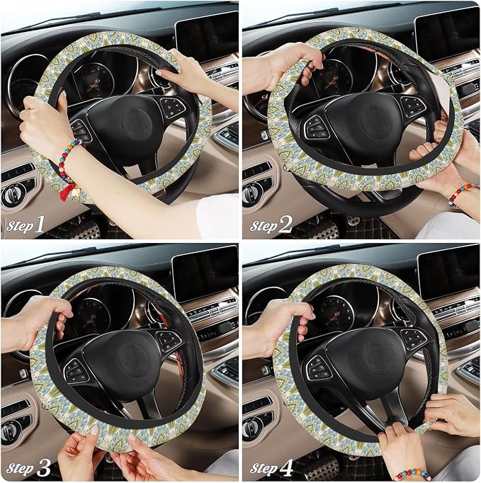 Abstract Florals Block Steering Wheel Cover, Elastic Non-Slip Steering Wheel Protector,Auto Interior Decor for Women Girls,Universal 15" Fit for Sedans,Trucks