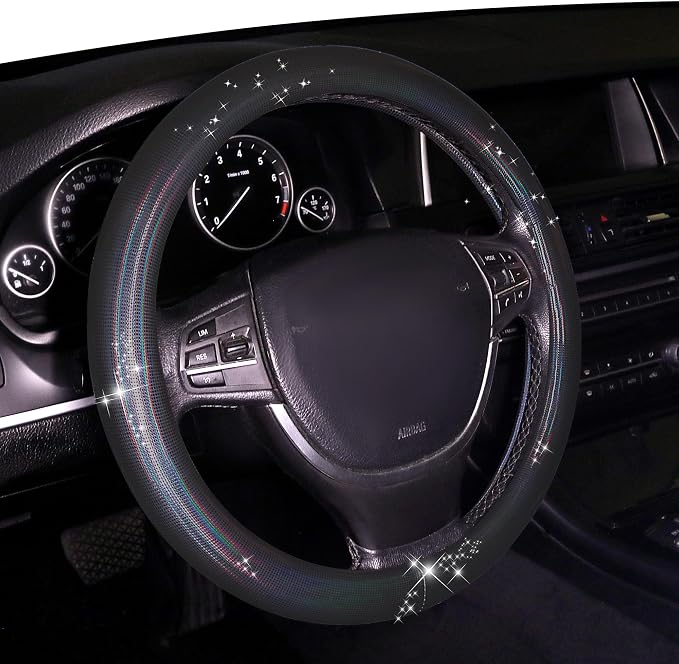 Bling Steering Wheel Cover, Bling Crystal Rhinestone Car Steering Cover Universal 14.2-15.3 inch Glitter Car Wheel Cover Sparkling Accessories （Black）
