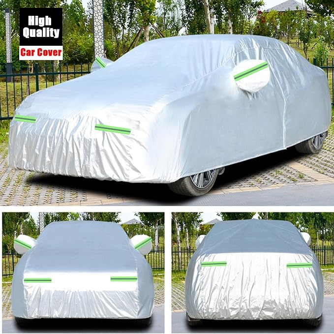 5-Layer Heavy Duty Car Cover for Sedans (185"L x 74"W x 60"H) | Waterproof Vinyl Outer,All-Weather Outdoor Indoor | Windproof Straps, Mirror Pockets, Door Zipper | UV Snow Rain Dust Protection