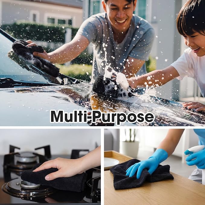 30 Pcs 12.5 x 12.5 Inch Edgeless Microfiber Plush Towels for Cars Detailing Drying Wash Polishing Absorbent Cleaning Cloths, 500 GSM (Black)
