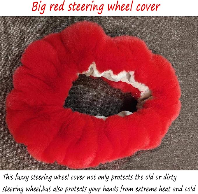Fluffy Steering Wheel Cover for Women Fuzzy Steering Wheel Cover Winter Warm Faux Wool Plush Car Wheel Cover Furry Steering Wheel Protector Universal Fit 15 Inch (Red)