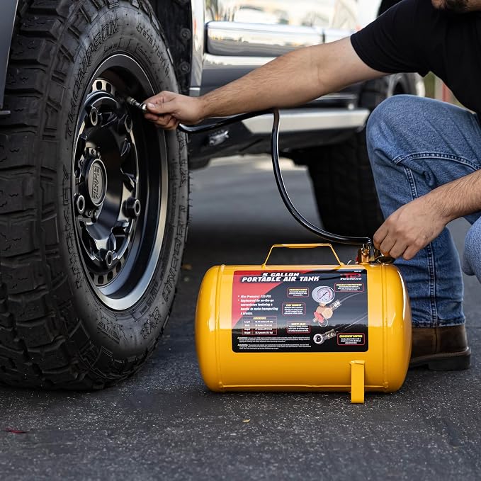 30010L 5 Gallon Air Tank, Portable Air Tank, 125 PSI Maximum Pressure, Horizontal Air Compressor Tank, 1/4" NPT 40 Inch Industrial Hose & Chuck, 140 PSI Safety Valve