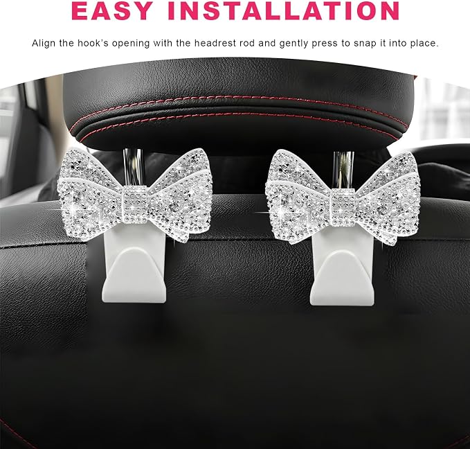 2PCS Bling Bow Car Seat Headrest Hooks, S-Type Crystal Auto Rear Seat Organizer for Handbags Purses Groceries, Cute Rhinestone Bow Seats Back Storage Hook for SUV Truck Sedan (White)