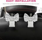 2PCS Bling Bow Car Seat Headrest Hooks, S-Type Crystal Auto Rear Seat Organizer for Handbags Purses Groceries, Cute Rhinestone Bow Seats Back Storage Hook for SUV Truck Sedan (White)