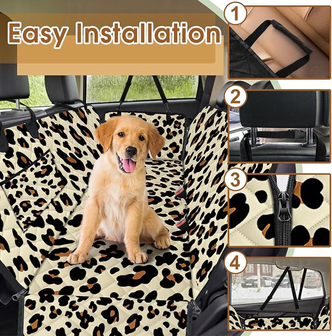 Waterproof Dog Car Seat Cover for Back Seat, Pet Hammock- S, Leopard/Black | Durable waterproof hammock with nonslip design & storage pockets. Protects seats from scratches, fits cars, SUVs & trucks.