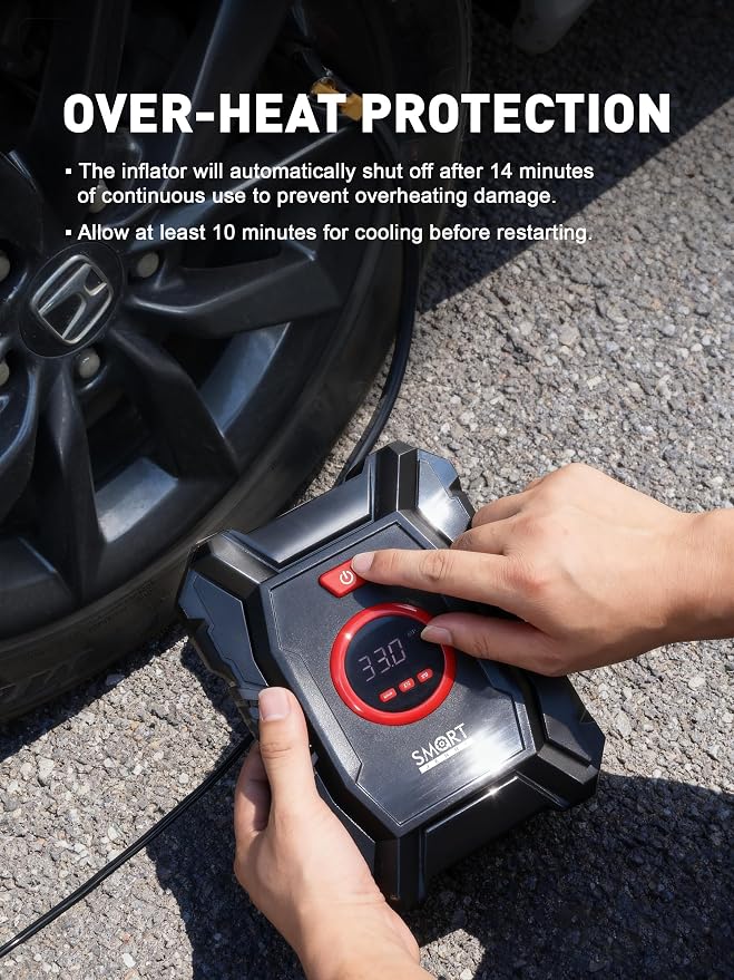 Portable Tire Inflator for Car, 12V Air Compressor, Max 100 PSI | Car Portable Air Compressor, Digital Tire Inflator with Gauge, Smart Auto-Stop & Fast Inflation Design