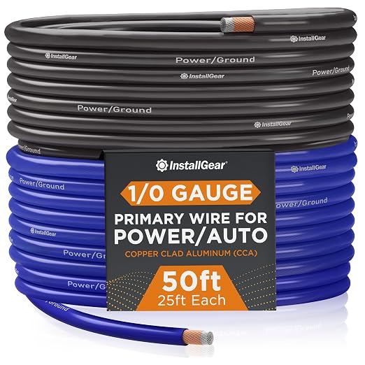 1/0 Gauge Wire (50ft) Copper Clad Aluminum CAA - Primary Automotive Wire, Car Amplifier Power, Ground & Battery Cable, Car Audio Speaker Stereo, RV Trailer Wiring Welding Cable 1/0ga