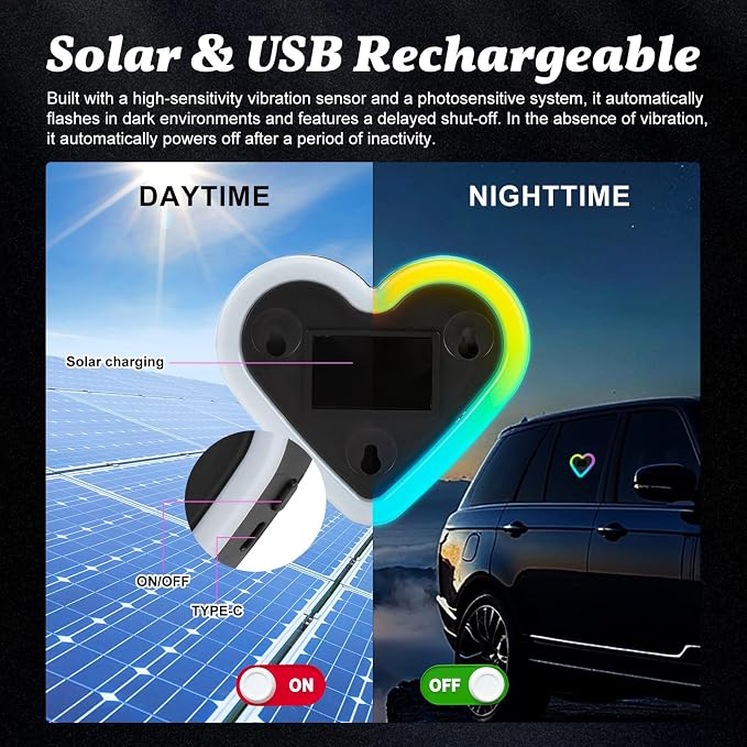 Upgrade Car Light LED Ambient Lights Heart Solar Lights Solar-Powered Heart-Shaped Neon Lights for Car Window Decorative 5 Modes Interior Outdoor Decor (Rainbow-2Pcs)
