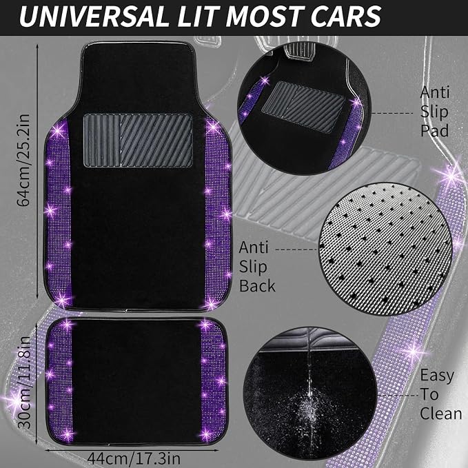 12 Pcs Bling Car Accessories Set for Women Car Floor Mats Full Set Steering Wheel Cover Seat Belt Covers Coasters Universal Fit Car SUV Truck Van Purple