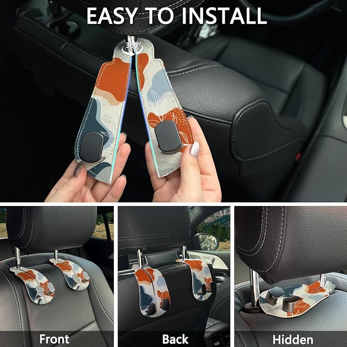 2PCS Car Seat Back Storage Headrest Hooks, Abstract Leaves Purse Holder Bags Hanger, PU Leather Double Metal Hook for Backseat Organizer, Women Car Accessories Organization