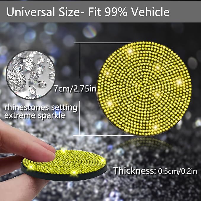 2pcs Bling Car Cup Holder Coaster, 2.75 inch Anti-Slip Shockproof Universal Fashion Car Coasters Insert Bling Crystal Rhinestone Automotive Interior Accessories for Women (2 pcs, Yellow)
