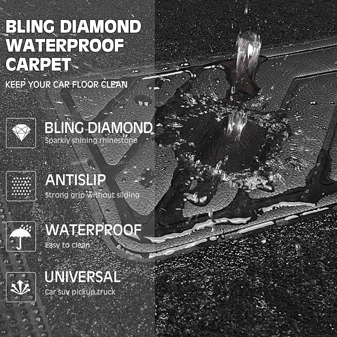 Bling Diamond Leather Steering Wheel Cover 14.5in-15in Floor Mats Shining Rhinestone Carpet Sparkly Glitter Crystal Anti-Slip Pad Fit Automotive SUV Pickup Truck Girl Women, 5pcs Black
