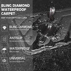 Bling Diamond Leather Steering Wheel Cover 14.5in-15in Floor Mats Shining Rhinestone Carpet Sparkly Glitter Crystal Anti-Slip Pad Fit Automotive SUV Pickup Truck Girl Women, 5pcs Black