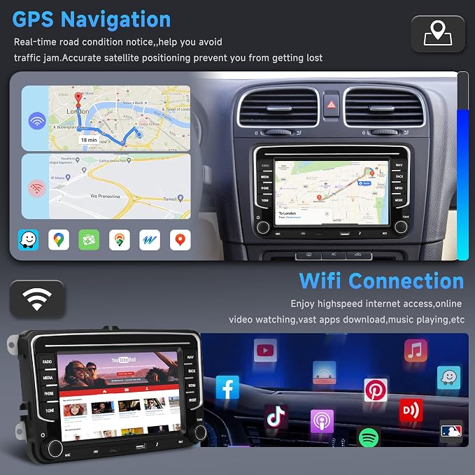 4G 64G Android Car Stereo for VW Passat Golf MK5 MK6 Jetta T5 EOS Polo Touran Seat Sharan Wireless Carplay Android Auto, 7'' Touchscreen Car Radio with GPS/BT 5.0/5G-WIFI/32EQ FM Backup Camera SWC