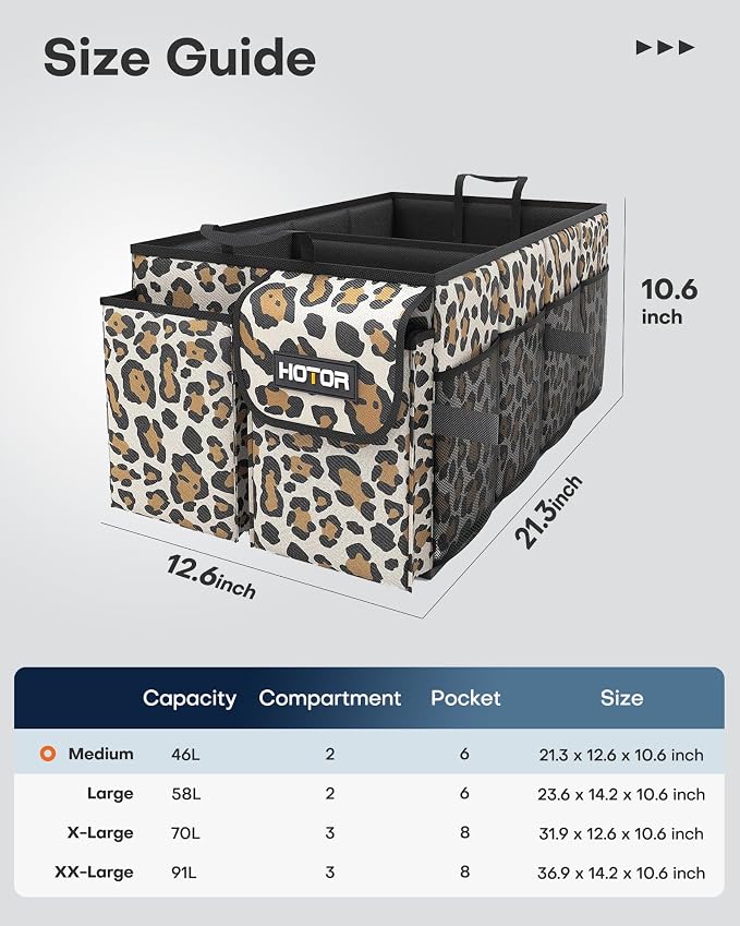 Trunk Organizer - Car Organizer, Foldable Trunk organizer for SUVs & Sedans, Sturdy Car Organization for Car Accessories, Tools, Sundries, Leopard, 2 Compartments, 21.3"×12.6"×10.6"