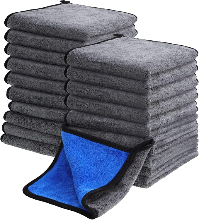 20 Pcs Microfiber Car Drying Towels Microfiber Cleaning Cloth 800 GSM Thick Plush Cleaning Dusting Cloth Auto Detailing Absorbent Towels Rags for Car Household Kitchen Window(Grey and Blue)