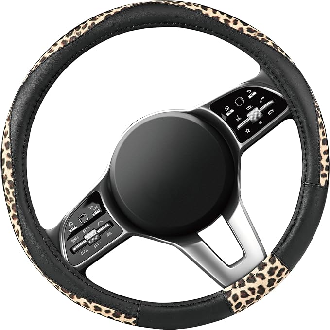 Steering Wheel Cover - Made with PVC Leather and Leopard Fabric - Universal 14 1/2 inches to 15 inches for Most Automotive Steering Wheel - Cheetah Print - Black
