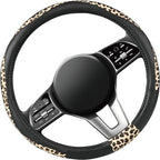 Steering Wheel Cover - Made with PVC Leather and Leopard Fabric - Universal 14 1/2 inches to 15 inches for Most Automotive Steering Wheel - Cheetah Print - Black