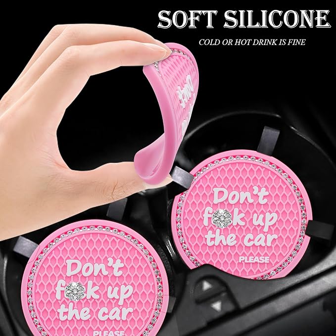 2PCS Bling Crystal Rhinestone Cup Holder Coaster – 2.75 Inch Anti-Slip Auto Insert Cup Coaster – Sparkling Interior Decor Accessories for Cars & Vehicles (Pink & White)