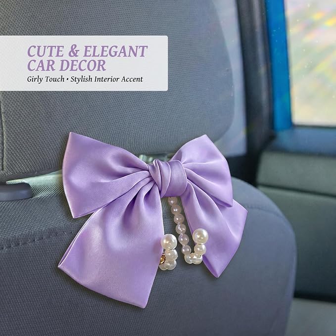 2 PCS Bow Pearl Car Seat Headrest Hook – Cute Purse Hook for Car, Girly Interior Decoration Accessories Hook Hanger, Seatback Holder for Purses & Bags, Elegant Car Organizer (Lavender Purple)