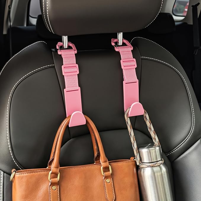 Car Headrest Hooks 4 Pack Adjustable Universal Fit Auto Seat Back Organizer Storage Hanger Purse Bags Holder with Clip Pink