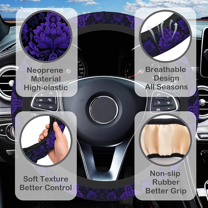 Gothic Purple Damask Floral Steering Wheel Cover for Women, Anti-Slip Car Steering Wheel Cover with 2 Pcs Cup Holders Neoprene Breathable Car Accessories Universal 15 Inch Auto Interior Decor