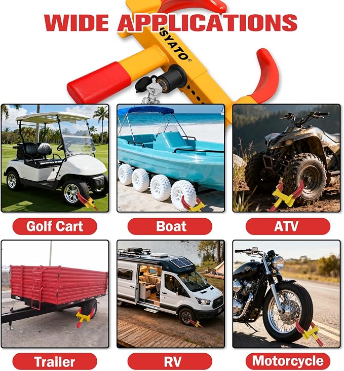 2Pcs Universal Heavy Duty Wheel Lock - Anti Theft Trailer Lock & Car Boot, Adjustable Security Tire 11.4" for Trailers, Cars, Golf Cart, ATV, SUV, RV, Boat, Camper, Motorcycle,6 Keys,Yellow+Red