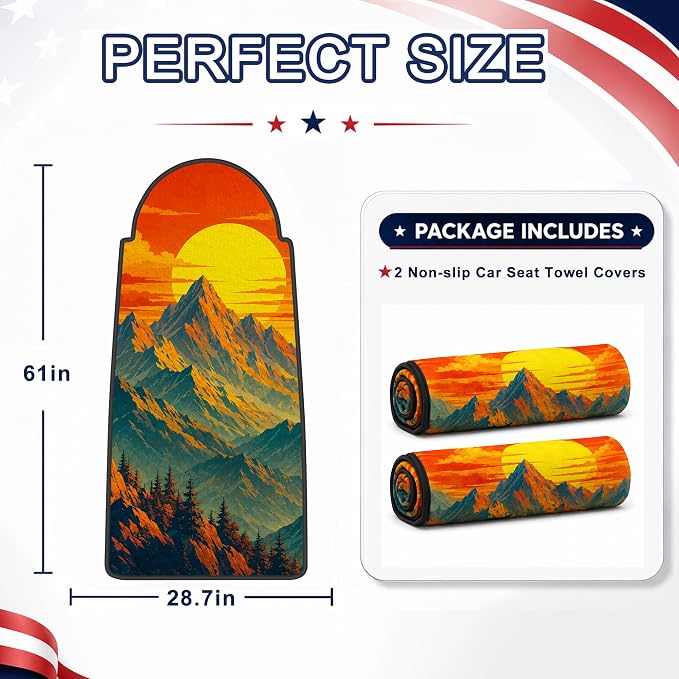Car Seat Towel Cover 2 Pack for Front Seats, Sweat Absorbent Car Seat Protector with Non-Slip Backing, Waterproof Towel Car Seat Covers for Runners, Gym, Swimming, Beach, Mountain Sunset
