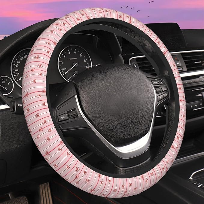 Pink Bows on Stripes Steering Wheel Cover for Women Men Neoprene Breathable Wheel Cover Protector Anti-Slip Car Accessories Universal 15 Inch Fit for Cars Trucks Vehicles