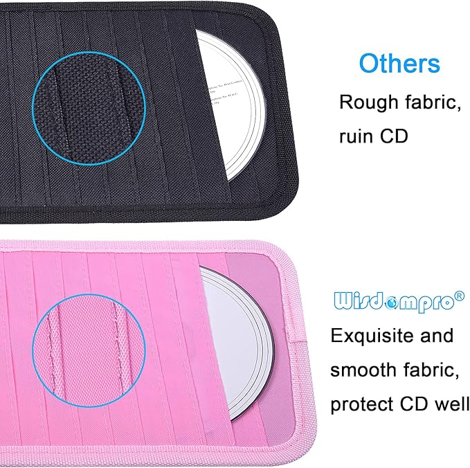 Car CD Case Holder, Vehicle Sun Visor Organizer for Cars with 12 DVD Storage Sleeves, 1 Mesh Pocket, 1 Pen Holder and Elastic Strap, Pink