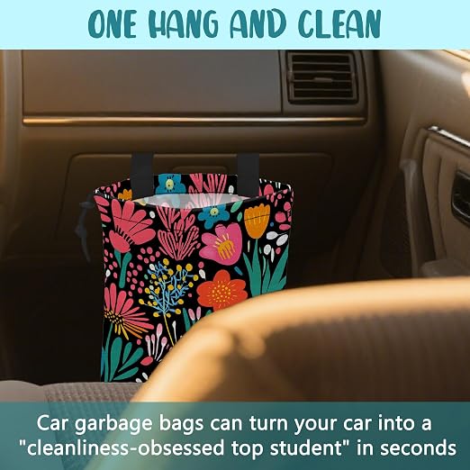 Car Garbage Bag Modern Flower and Green Leaves Hanging Canvas Car Trash Bag Drawstring Car Back Seat Organizer for Car Back Front Seat Console with Adjustable Buckle
